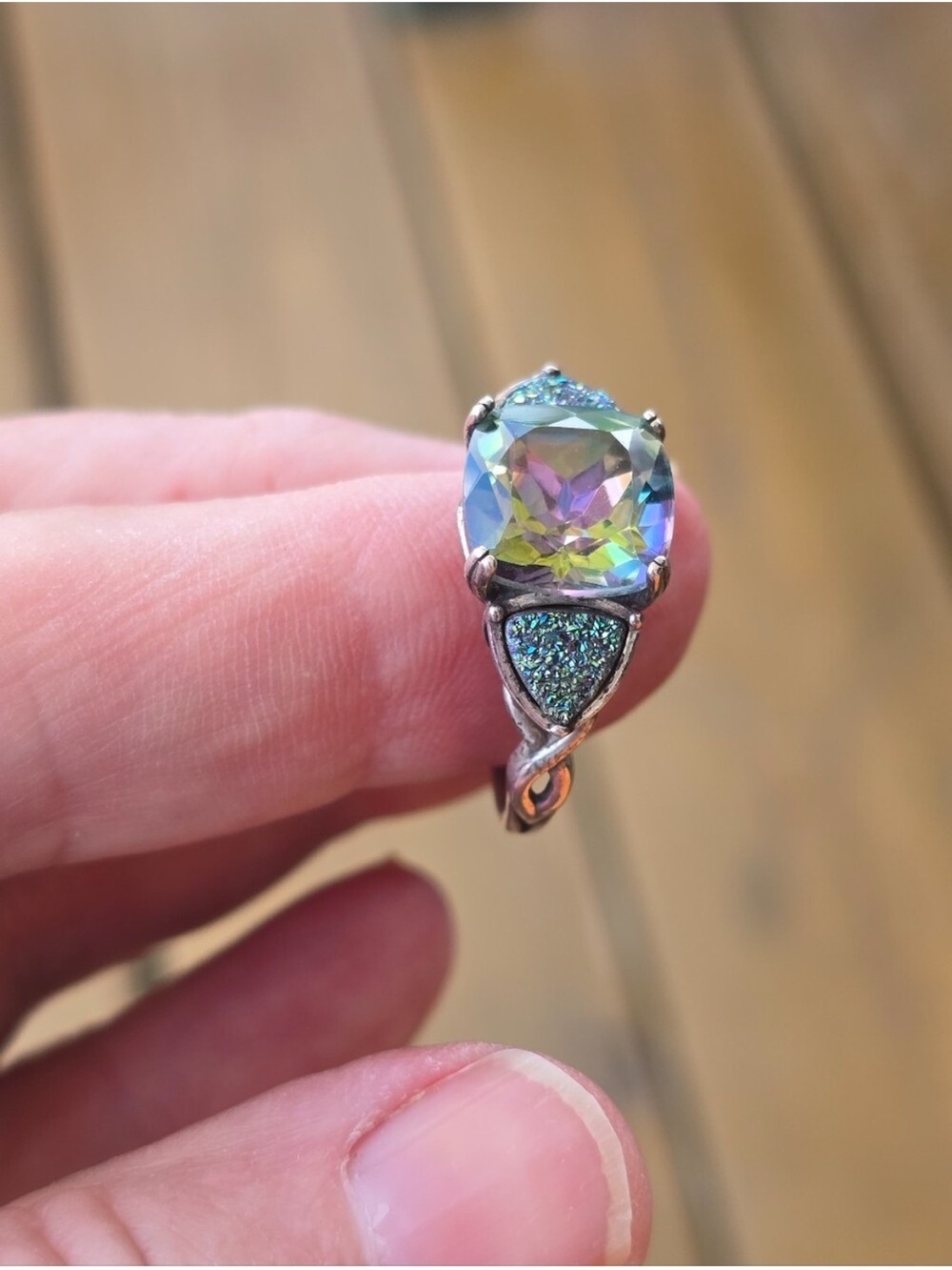 Vintage Sterling Silver Mystic Topaz & Druzy Quartz Statement Ring - Size 10 - Picture 6 of 12